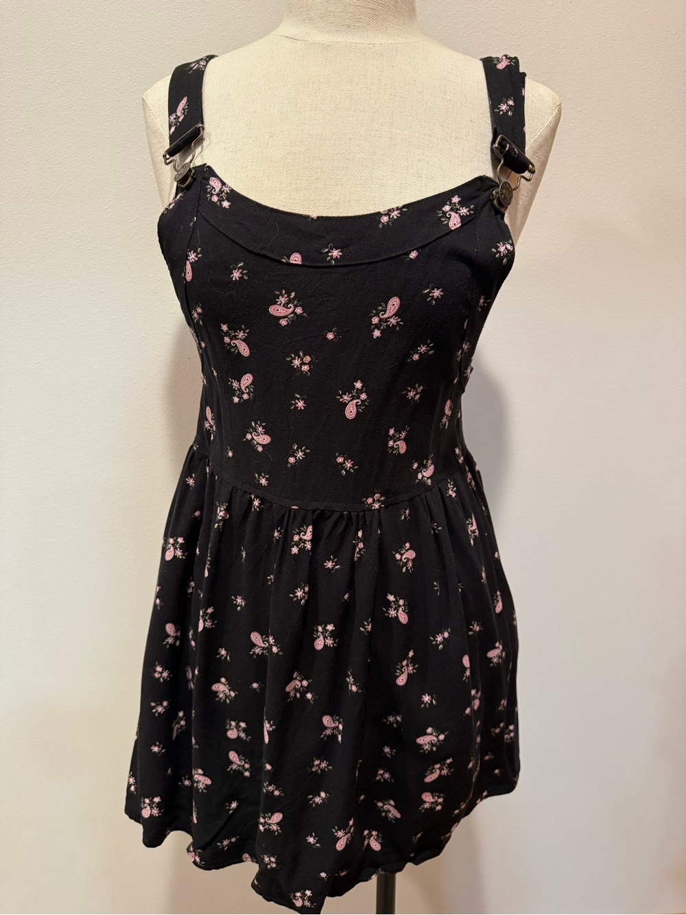 Charlotte Russe Black Mini Overall Dress with Pink Floral Print
